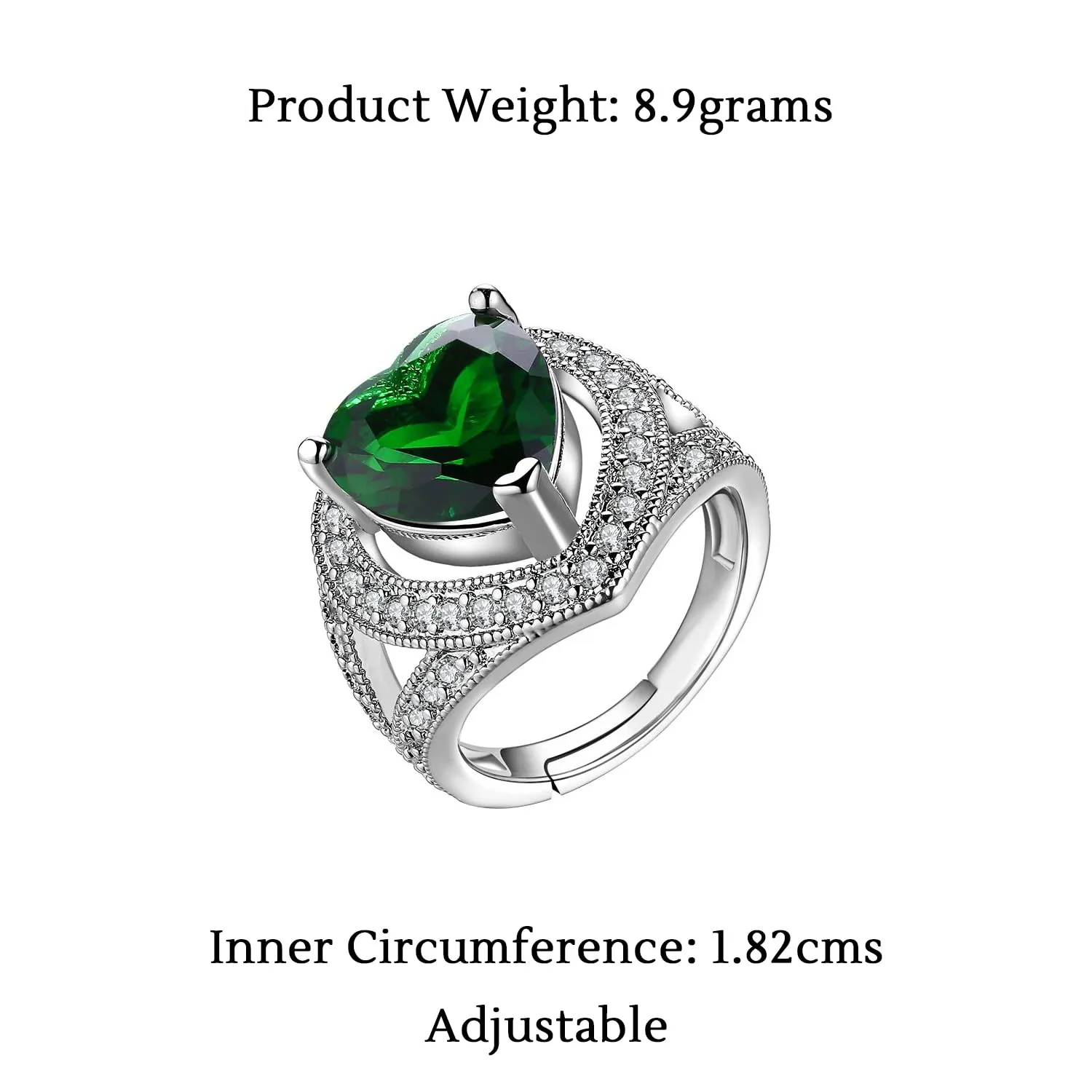 Yellow Chimes Rings for Women Green Emerald Crystal Heart Adjustable Ring Cocktail Style Platinum Plated Ring for Women and Girls.