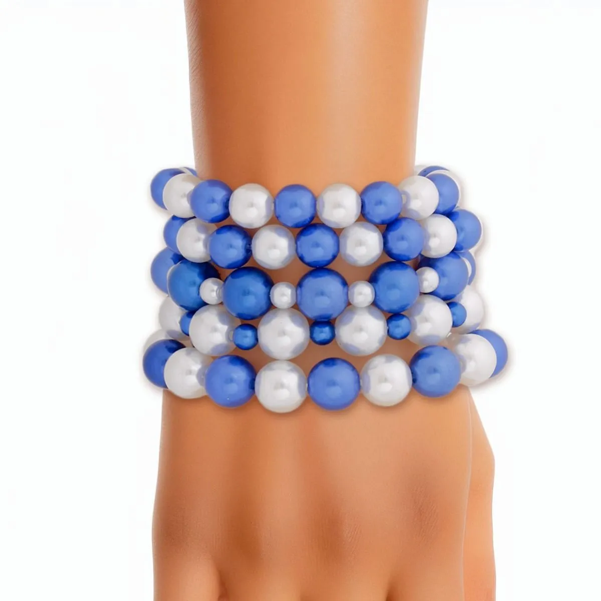 Zeta Phi Beta - Azure Elegance: Blue and White Pearl Bracelet Set